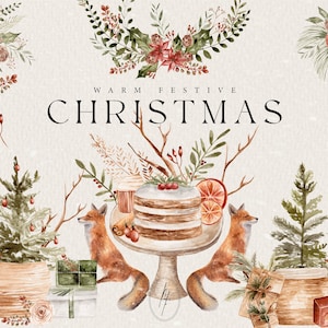 Aquarelle Noël clipart, clipart dessert, décoration de Noël, pomme de pin, sapin de Noël, clipart animaux, Noël PNG, clipart hiver