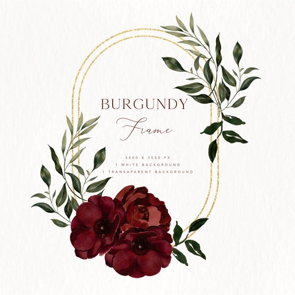 Burgundy Floral Frame,Burgundy Flower Clipart,Watercolor Floral Frame,Botanical Clipart,Wedding Clipart,Floral Frame,Botanical Frame,Clipart