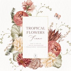 Tropical Floral Frame,Tropical Flower Clipart,Watercolor Floral Frame,Botanical Clipart,Wedding Clipart,Floral Frame,Botanical Frame,Clipart