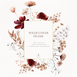 May include: A watercolour illustration of a gold frame with a floral border. The flowers are in shades of red, pink, and brown. The text "WILDFLOWER FRAME" is inside the frame. The text "3500 X 3500 PX", "1 WHITE BACKGROUND", and "1 TRANSPARENT BACKGROUND" is below the frame.