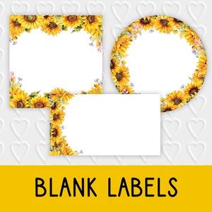 Paquete de diseño de etiquetas en blanco / Girasoles de acuarela / Embalaje de productos comerciales florales de bricolaje, etiquetas de regalo, tarjetas de lugar, pegatinas y más