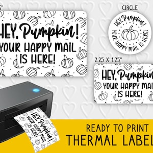 May include: A variety of white thermal labels with a pumpkin pattern and the text "HEY, Pumpkin! YOUR HAPPY MAIL IS HERE!". Includes a 4x6 inch label, a 2.25x1.25 inch label, and a circular label. A thermal printer is also shown.