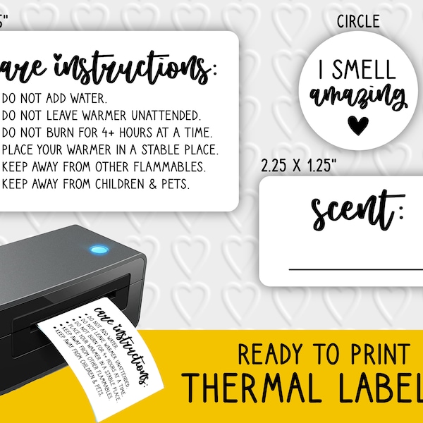 Wax Melt Thermal Label Bundle | Care Instructions and Scent Labels | Small Business Packaging | For Rollo, Munbyn, Epson Thermal Printers