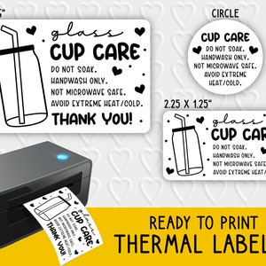 Etiquetas térmicas para cuidados com copos de vidro | Embalagem para pequenas empresas | Instruções de cuidados com o vidro Libbey | Para impressoras térmicas Rollo, Munbyn, Epson