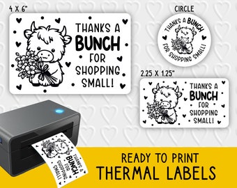 Thanks A Bunch For Shopping Small Thermal Label Designs | Cute Highland Cow Business Packaging | For Thermal Printers | Rollo, Munbyn, Epson