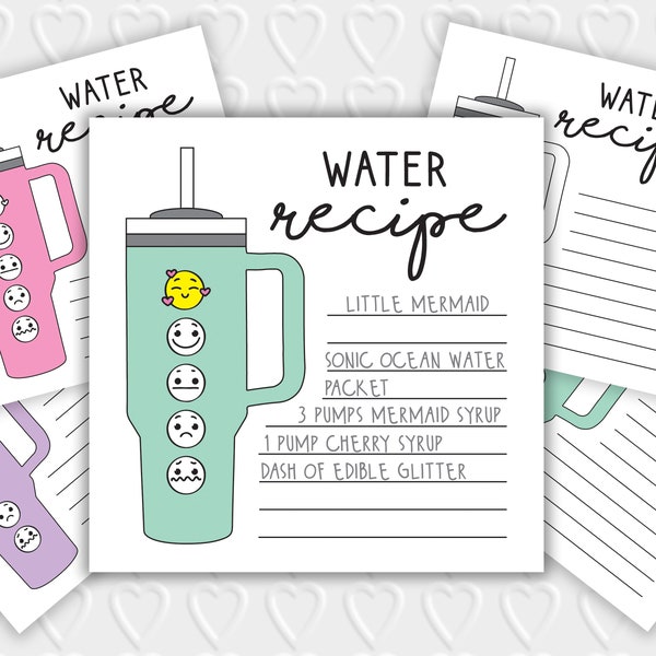 Water Recipe Cards | Inspired by Watertok | 4 Different Color Ways | Blank DIY Printable | Cricut & Silhouette Print Cut JPEG