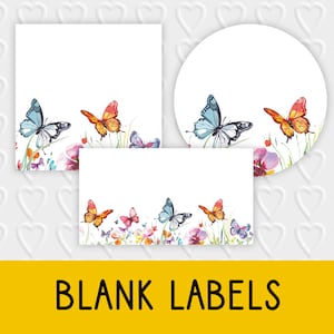 Pacote de design de etiqueta em branco | Borboletas e flores em aquarela | Embalagem comercial floral faça você mesmo, etiquetas para presentes, cartões de lugar, adesivos e muito mais