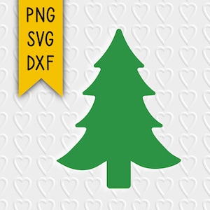 Könnte beinhalten: Grafik eines grünen Weihnachtsbaums mit einfachem Design. Ein gelbes Banner auf der linken Seite zeigt den Text "PNG SVG DXF". Der Hintergrund ist weiß mit einem Muster aus kleinen, weißen Herzen.