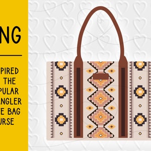 May include: A rectangular tote bag with a geometric pattern in beige, brown, yellow, and black. The bag has brown leather handles and trim. The text "PNG" and "INSPIRED BY THE POPULAR WRANGLER TOTE BAG PURSE" are on the left.