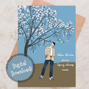 Afdrukbare BTS RM Namjoon wanneer de winter voorbijgaat, de lente komt altijd wenskaart, leuke kaart, Kpop wenskaart, kaart voor elke gelegenheid, BTS leger