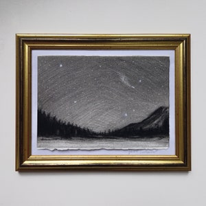 Original landscape charcoal drawing, framed drawing, vintage art, charcoal sketch