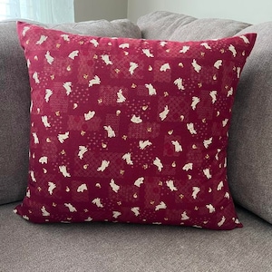 Japanese Bunny Fabric Throw Pillow - Burgundy