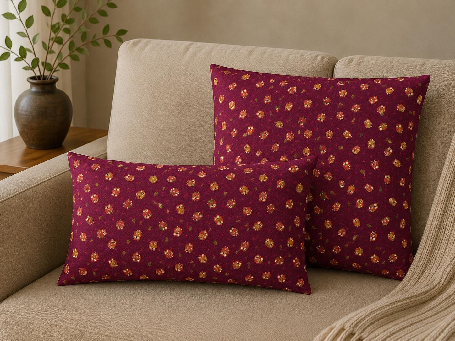 Japanese Owl Fabric Throw Pillow - Burgundy