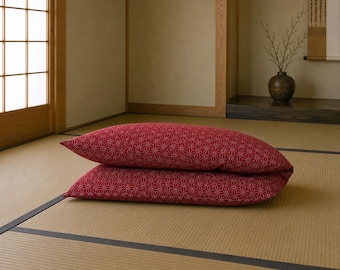 Futon with Cover .  Hand Made Vintage Style futon.  Asa-No-Ha Red Cover.  All Cotton Futon. Japanese Futon. SHIKIBUTON. Vintage style bed.