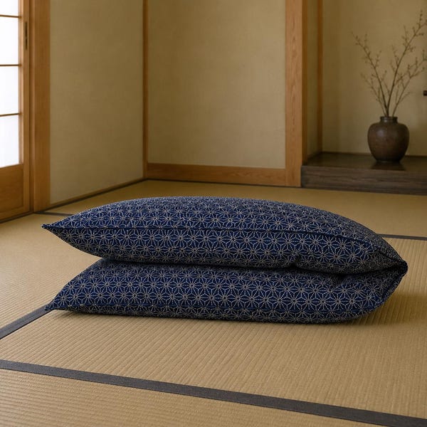 Futon with Cover .  Hand Made Vintage Style futon.  Asa-No-Ha Navy Cover.  All Cotton Futon. Japanese Futon. SHIKIBUTON. Vintage style bed.