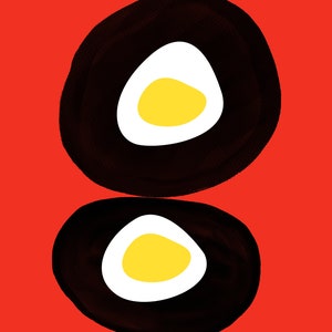 Pode incluir: Dois círculos pretos com círculos brancos e amarelos dentro, sobre um fundo vermelho.