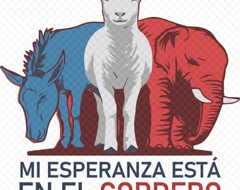 May include: A graphic illustration featuring a white lamb standing between a blue donkey and a red elephant. Below the animals, the text reads: MI ESPERANZA ESTÁ EN EL CORDERO, followed by the reference APOCALIPSIS 7:17 and five stars on each side.