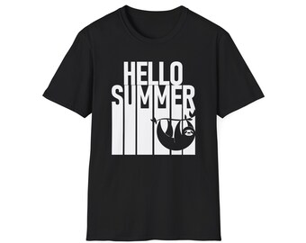 May include: Black t-shirt with white text that says "HELLO SUMMER" and a graphic of a sloth hanging from a branch.