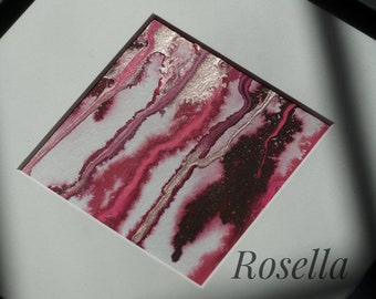 Rosella ~ Original Signé Abstrait Aquarelle Peinture ~ Rose, Noir, Or Rose avec Fluorescent &Effets Métalliques