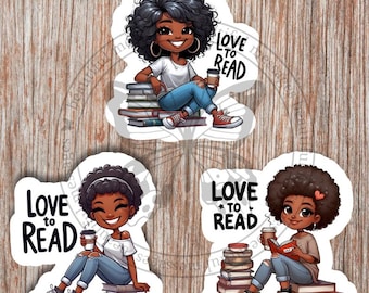 Printable Stickers - love to read; African-American girls; business stickers; digital; printable; decals; journals; planners; notebooks