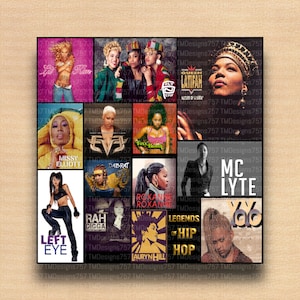 May include: A collage of album covers featuring female and male hip hop artists, including Missy Elliott, Queen Latifah, MC Lyte, Lauryn Hill, and others. The covers are arranged in a grid pattern and feature a variety of colors and designs.