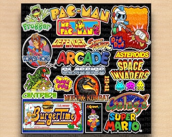 May include: A black background with colorful retro video game logos, including Pac-Man, Donkey Kong, Space Invaders, and Super Mario. The logos are arranged in a grid pattern and have a pixelated style.