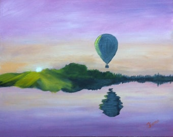 Impressionist landscape oil on wood ''Hot Air Balloon  8 X 10 signed by Fiona