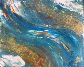 Acrylique abstrait original Waves signé 8 X 10 par Fiona