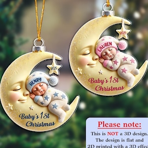Personalized 2D Baby’s First Christmas Acrylic Ornament, Moon & Star Baby Sleeping Ornament, Baby On The Moon Ornament, Baby Shower Gift