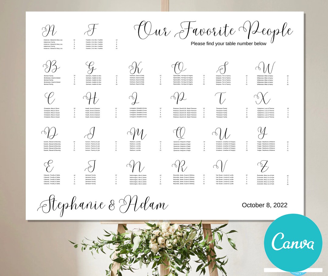 DIGITAL Wedding Seating Chart Horizontal 5 Font Options Etsy