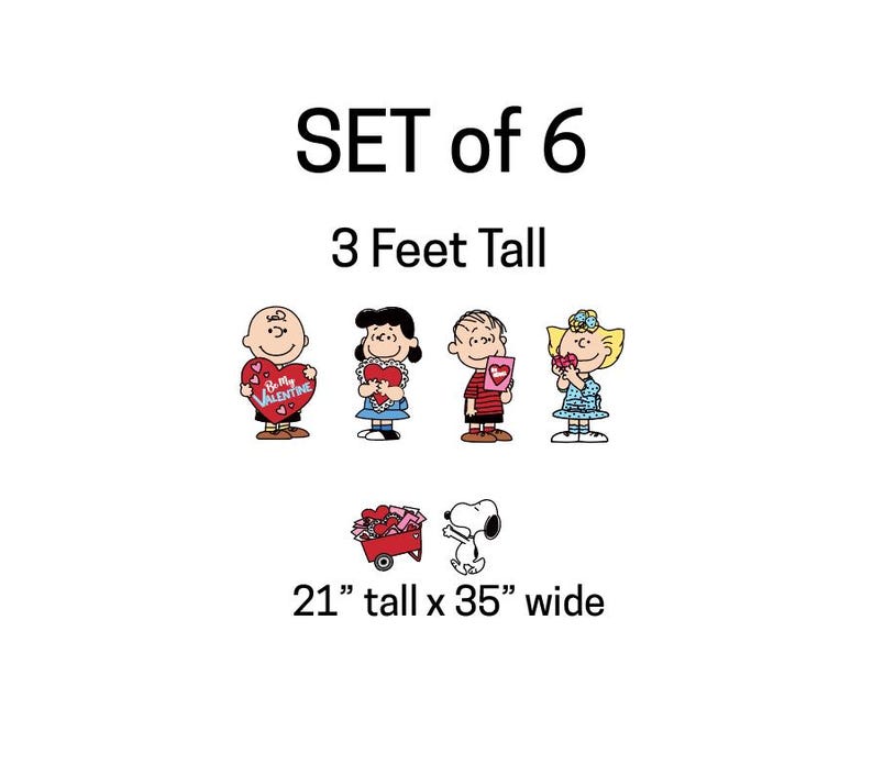 Op de afbeelding: Set van 6 Peanuts-personages, waaronder Charlie Brown, Lucy, Linus en Sally, met Valentijnsdag-harten. De set is 91 cm hoog, met Snoopy en een rode wagen met harten. De afmetingen zijn 53 cm hoog bij 89 cm breed.