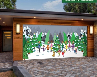 The Grinch Christmas Garage Door Banner, Whoville Carolers, Vinyl Backdrop