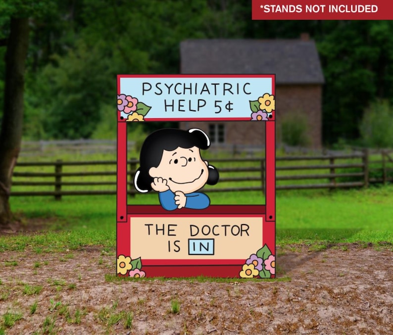 Puede incluir: Un puesto rojo y blanco con el texto "PSYCHIATRIC HELP 5&cent;" y "THE DOCTOR IS IN." Un personaje de dibujos animados con cabello negro y una camisa azul est&aacute; dentro del puesto. El puesto est&aacute; decorado con flores.