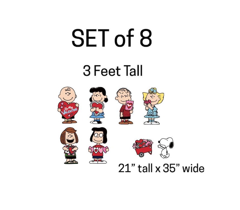 Op de afbeelding: Set van 8 Peanuts-personages, 91 cm hoog, met Valentijnsthema's. Elk personage houdt een hart of een Valentijnsgerelateerd item vast. De set is 53 cm hoog en 89 cm breed.