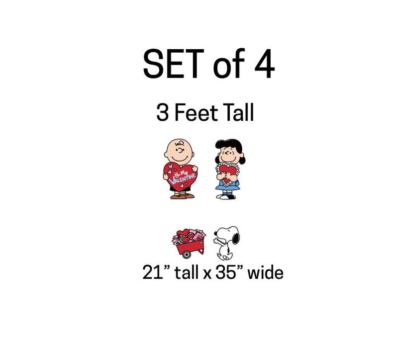 Op de afbeelding: Een set van vier Valentijnsdagdecoraties met stripfiguren. De set bevat Charlie Brown met een hart, Lucy met een hart, een rode wagen met harten en Snoopy. De set is 91 cm hoog, de wagen en Snoopy meten 53 cm hoog x 89 cm breed.