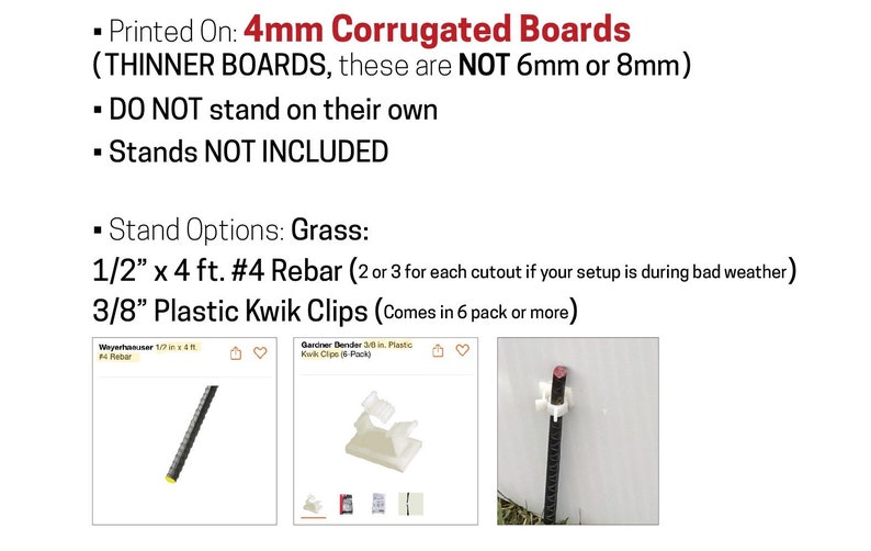 以下が含まれることがあります： 4mm の波状段ボール、6mm または 8mm より薄い、クラフト用。ボードは自立せず、スタンドは含まれていません。スタンドオプションには、12.7mm x 1.2m の #4 鉄筋または 9.5mm のプラスチック製 Kwik クリップがあります。