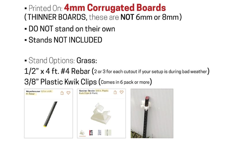 Puede incluir: Imagen informativa con texto sobre tableros corrugados de 4 mm. El texto indica que son m&aacute;s delgados que 6 mm u 8 mm y no se sostienen por s&iacute; solos. Las opciones de soporte incluyen barras de refuerzo de 1,27 cm x 1,22 m y clips de pl&aacute;stico de 0,95 cm.