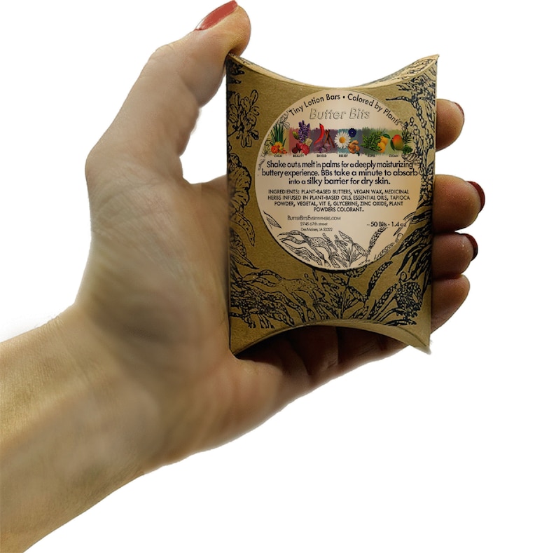 Organic vegan plant-based preservative free lotion bars with essential oils for dry cracked ashy skin in eco-friendly sustainable cardboard box.