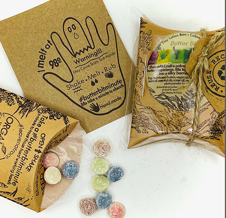 Organic preservative free lotion bars butter bits butter buttons with essential oils for dry cracked skin in cardboard kraft dispenser box. reduce reuse recycle