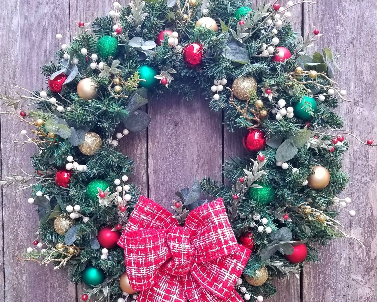 Christmas Ornament Wreath With Red Green and Gold Glass Ball Ornaments ...