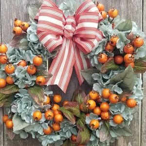 Farmhouse Fall Wreath, Orange Berry Wreath, Hydrangea Wreath, Fall Wreath for Front Door, Autumn Wreath for Mantel, Thanksgiving Bow Wreath
