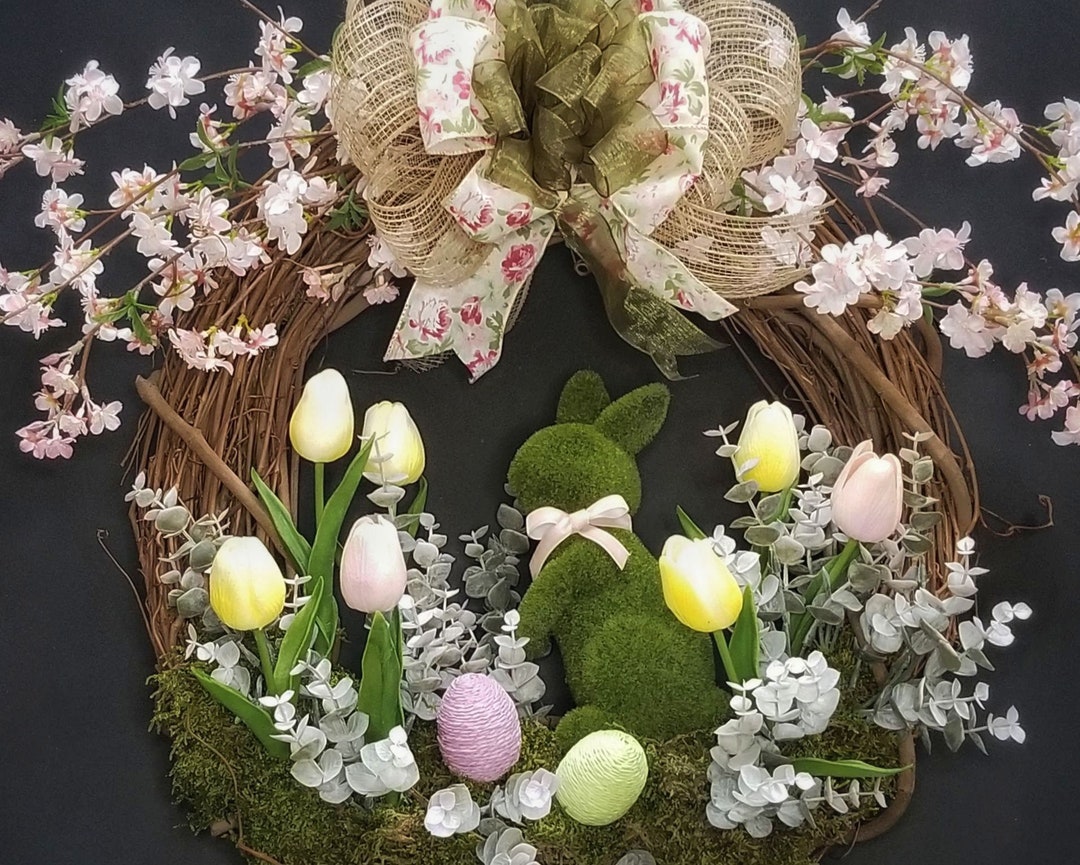 Spring Easter Wreath, Easter Egg and Bunny Wreath for Front Door, Mossy  Bunny With Tulips Wreath, Large Floral Spring Wreath - Etsy
