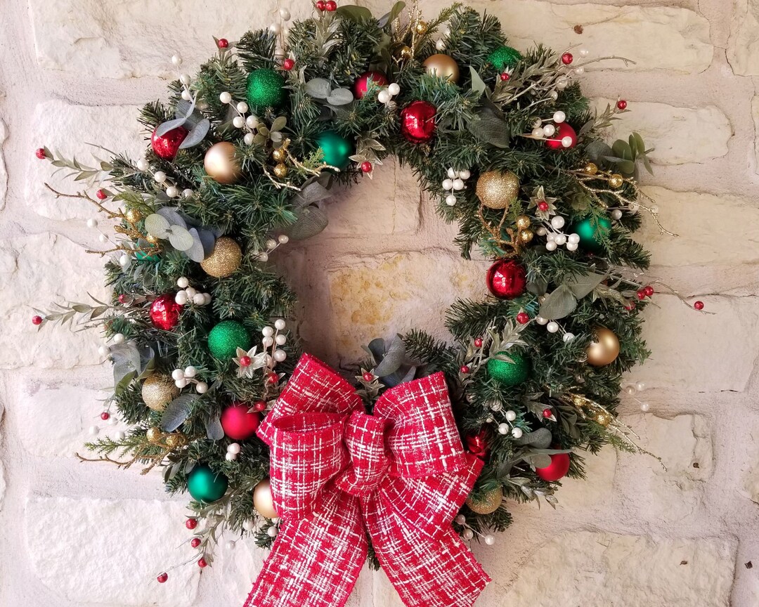 Christmas Ornament Wreath With Red Green and Gold Glass Ball Ornaments ...