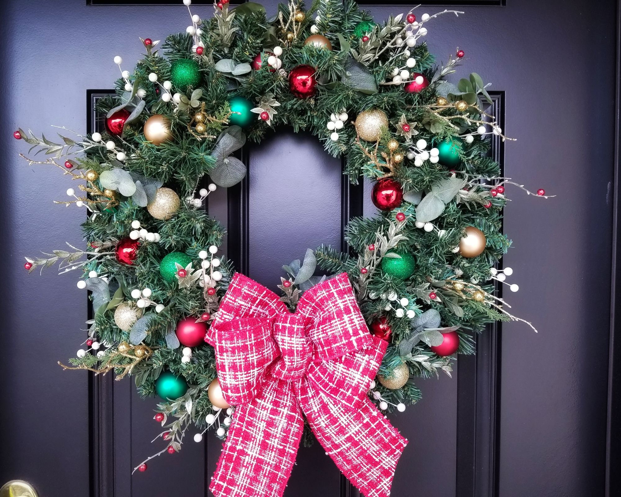 Christmas Ornament Wreath With Red Green and Gold Glass Ball Ornaments ...
