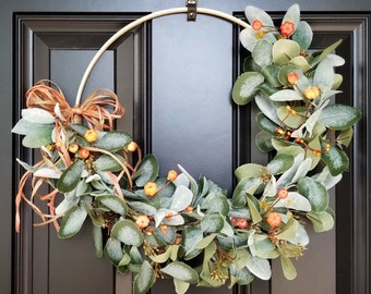 Eucalyptus Lamb's Ear Fall Hoop Wreath with Baby Pumpkins