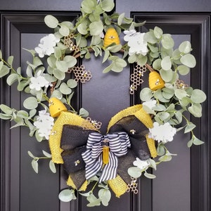 Bee Wreath, Floral Wreath with Honeybees, Honeycombs & Skeps, Honey Wreath, Front Door Wreath, Yellow and Black Bee Decor, Save The Bees