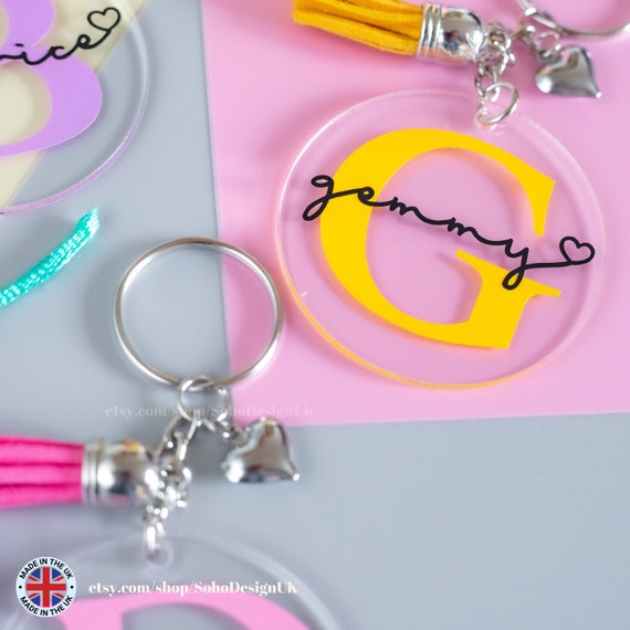 Personalised Initial Keyrings with Colourful Tassels  Keychain design,  Personalised keyrings, Acrylic keychains