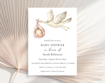 Stork Baby Shower Invitation, Stork With Baby In Blanket, Gender Neutral Baby Shower Invitation, Special Delivery Baby Shower Invitation