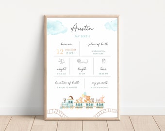 Personalised Birth Announcement, Nursery Prints, Baby Birth Print, Baby Gift, Woodland Animals Print Nursery Decor, Baby Birth Stats