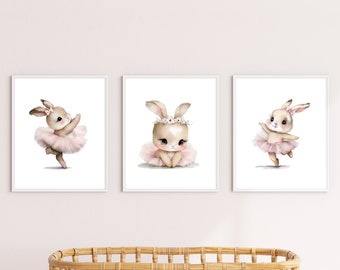 Arte mural de conejita bailarina, impresión de criaturas del bosque, decoración de habitación infantil para niñas, arte mural de conejos bohemios, impresiones de conejita bailarina en acuarela